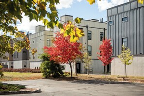 A parking lot with trees displaying autumn foliage, a building with a modern design, and a clear sky. - The Nest, TC Downtown + Beach, Rooftop + Garage (Traverse City)