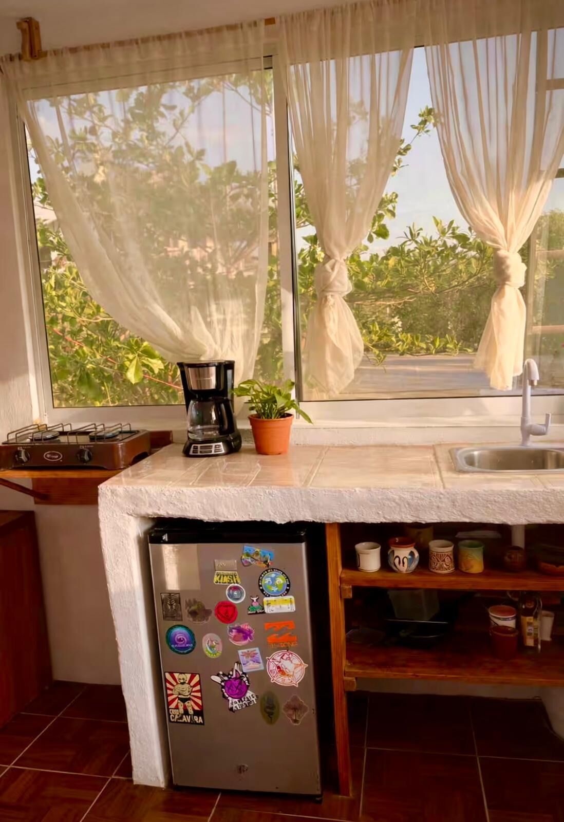 A kitchen with a refrigerator, a coffee maker, and a potted plant on the counter.