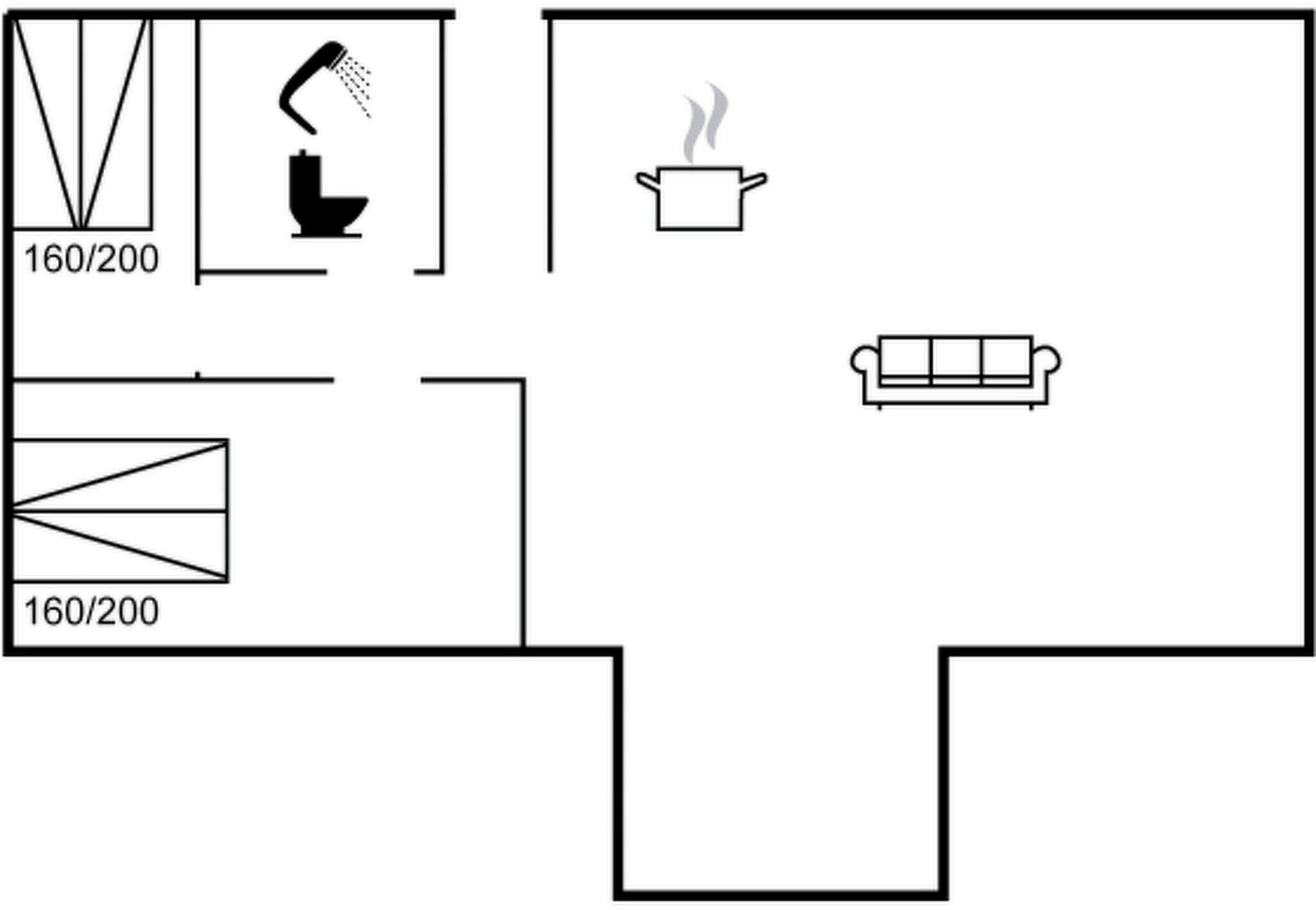 A floor plan with a bathroom, kitchenette, and seating area.