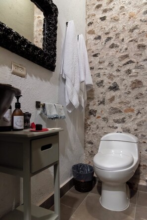 Quarto luxo, ar-condicionado, no piso térreo | Banheiro | Chuveiro, secador de cabelo, toalhas de banho, sabonete