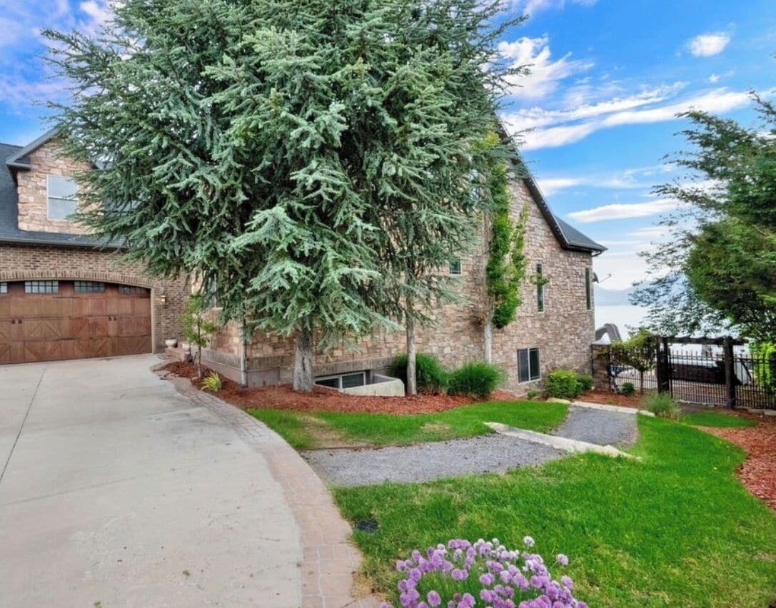 A house with a stone facade, a large evergreen tree, and a driveway leading to a garage.