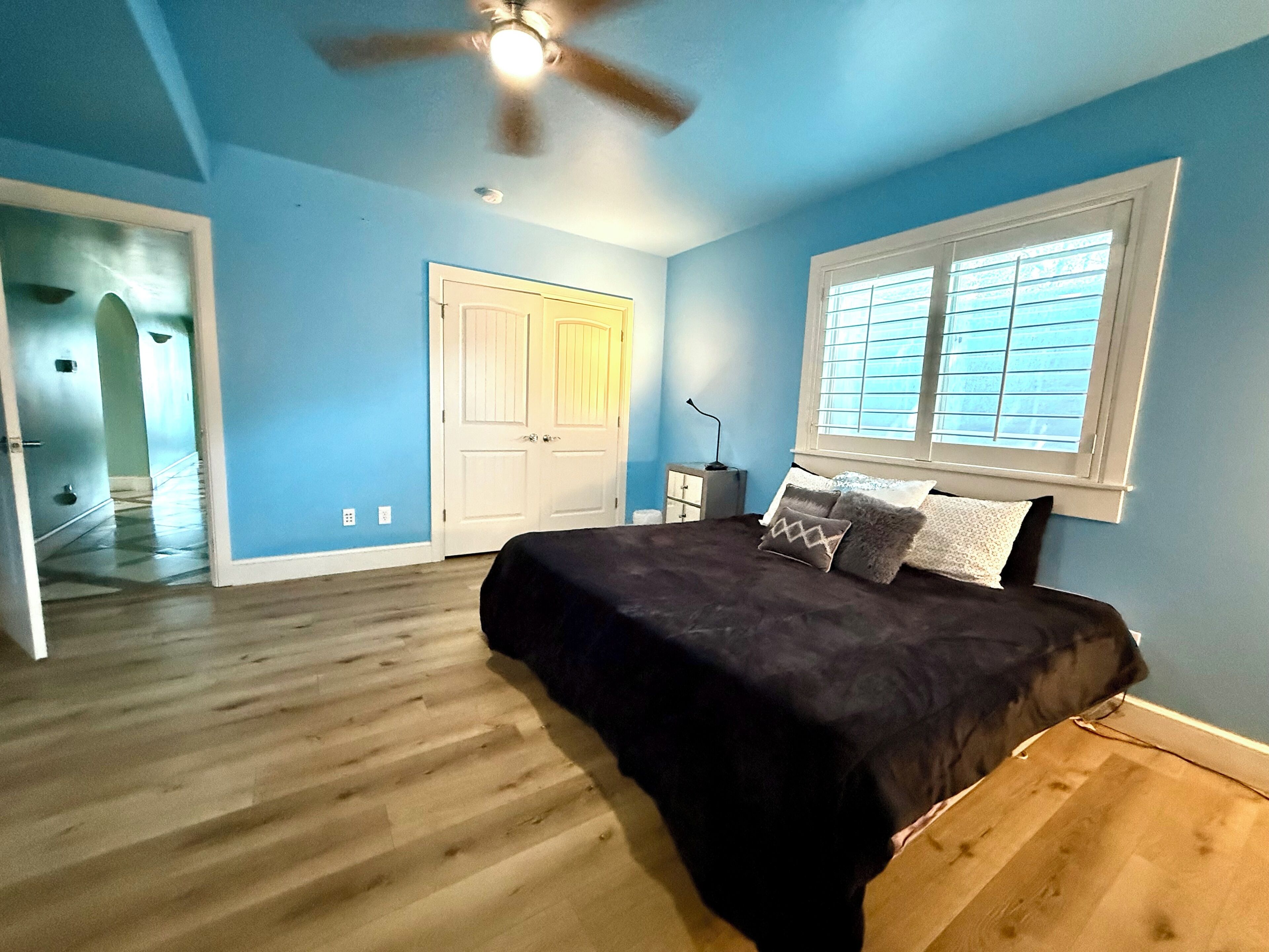 A bedroom with a bed, a ceiling fan, a window with blinds, and a door.