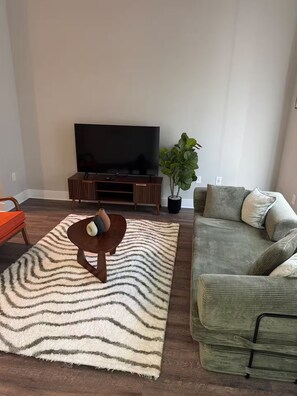 A living room with a flat-screen TV, a sofa, a coffee table, a striped rug, and a potted plant. - His Grace Contemporary Living in Truist Park (Atlanta)