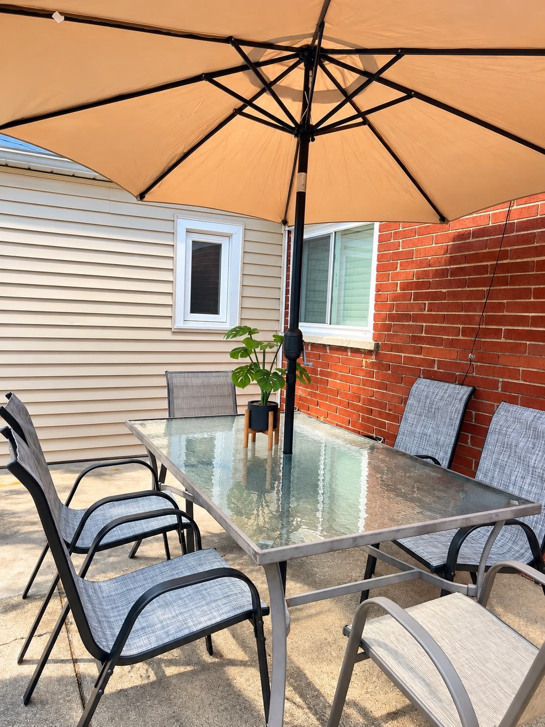 A patio with a glass table and chairs, a potted plant, and a large umbrella.