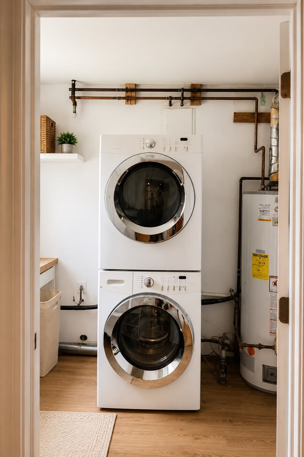 A laundry room with two stacked front-loading washing machines, a water heater, and a wooden floor.