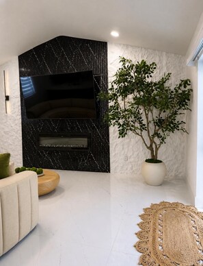 A modern living room with a flat-screen TV mounted on a textured wall, a potted plant, a beige sofa, and a woven rug. - Pleasant 3-bedroom house with pool in charming Palm Harbor (Palm Harbor)