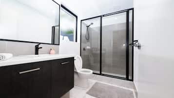 Hair dryer, towels, soap, toilet paper