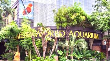 Een gebouw met een groot bord waarop 'WORLD AQUARIUM' staat en een muurschildering van een vogel.