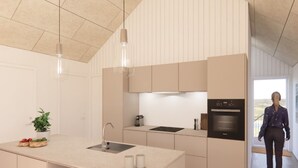 A modern kitchen with a central island, bar stools, a built-in oven, and pendant lighting. - "Thormund" - 400m from the sea by Interhome (Ringkøbing)