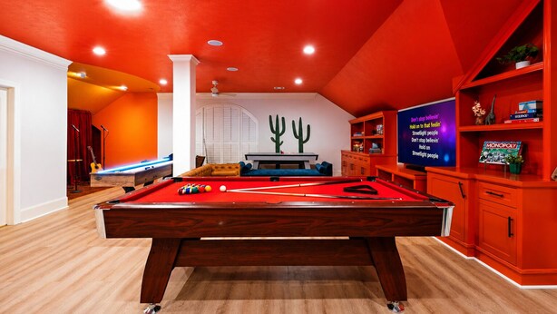 Une pièce équipée d’une table de billard, d’un téléviseur et décorée avec un cactus.