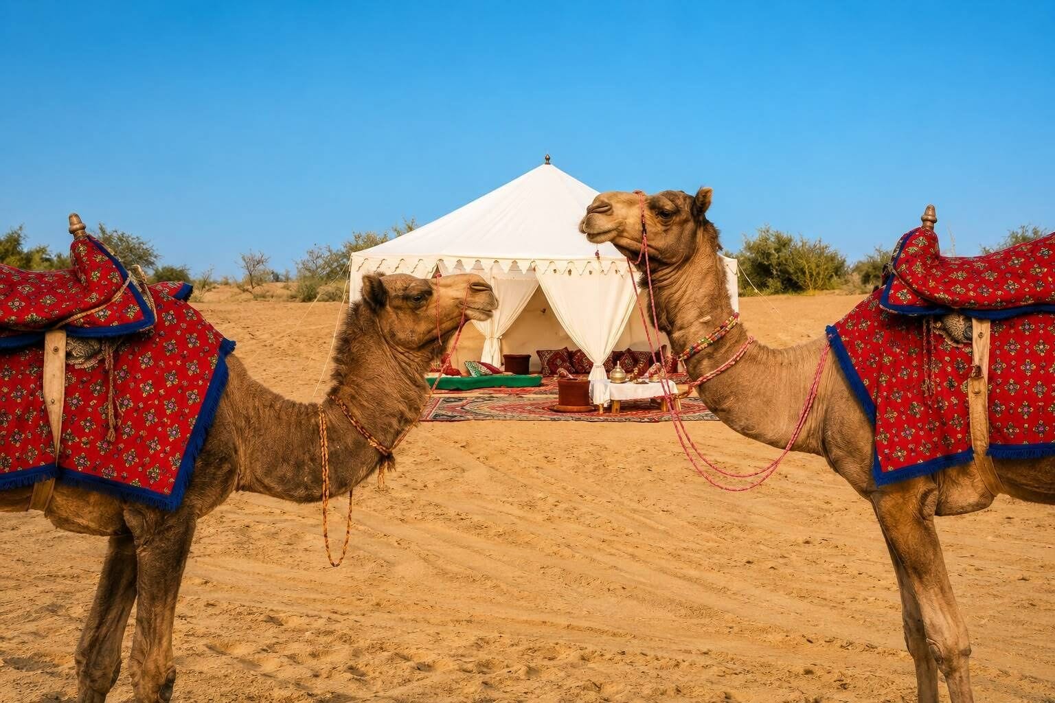 Two camels with saddles in a desert setting with a tent in the background.