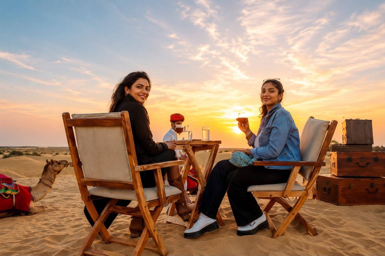 Two people seated on wooden chairs with a camel and a desert landscape in the background.