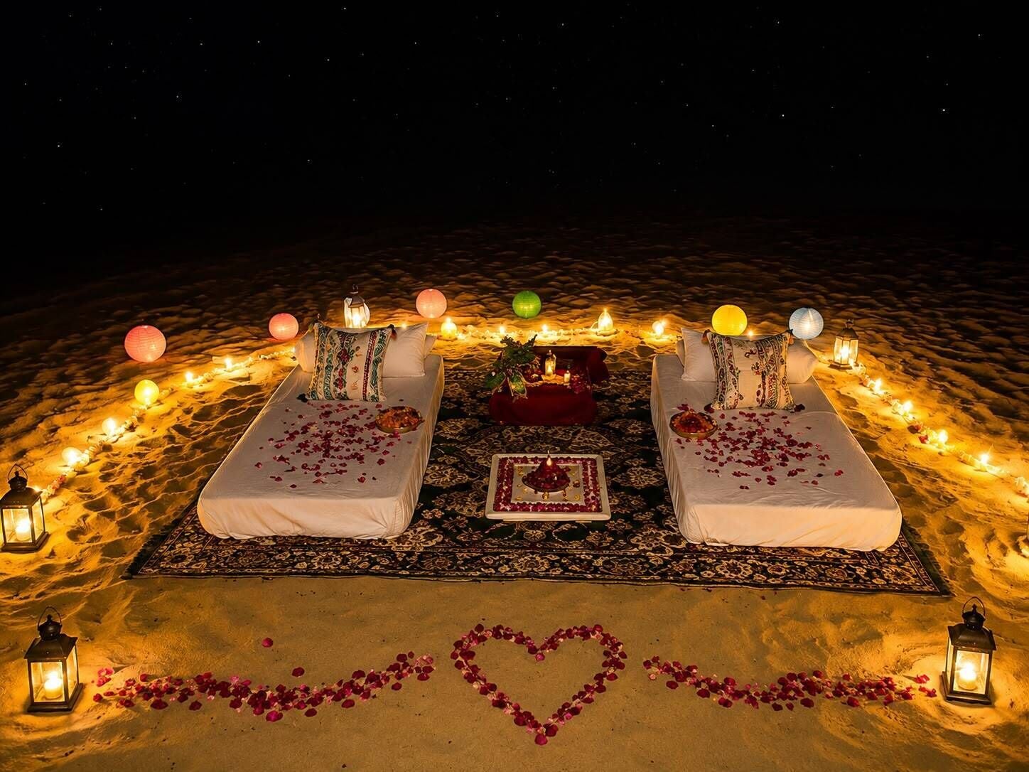 A romantic setup with two beds, a central table, and a heart-shaped arrangement of rose petals on the sand.