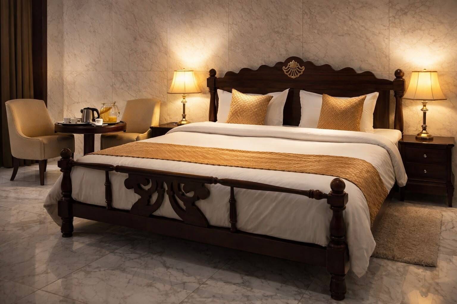 A hotel room with a large bed, two bedside tables, a chair, and a lamp.