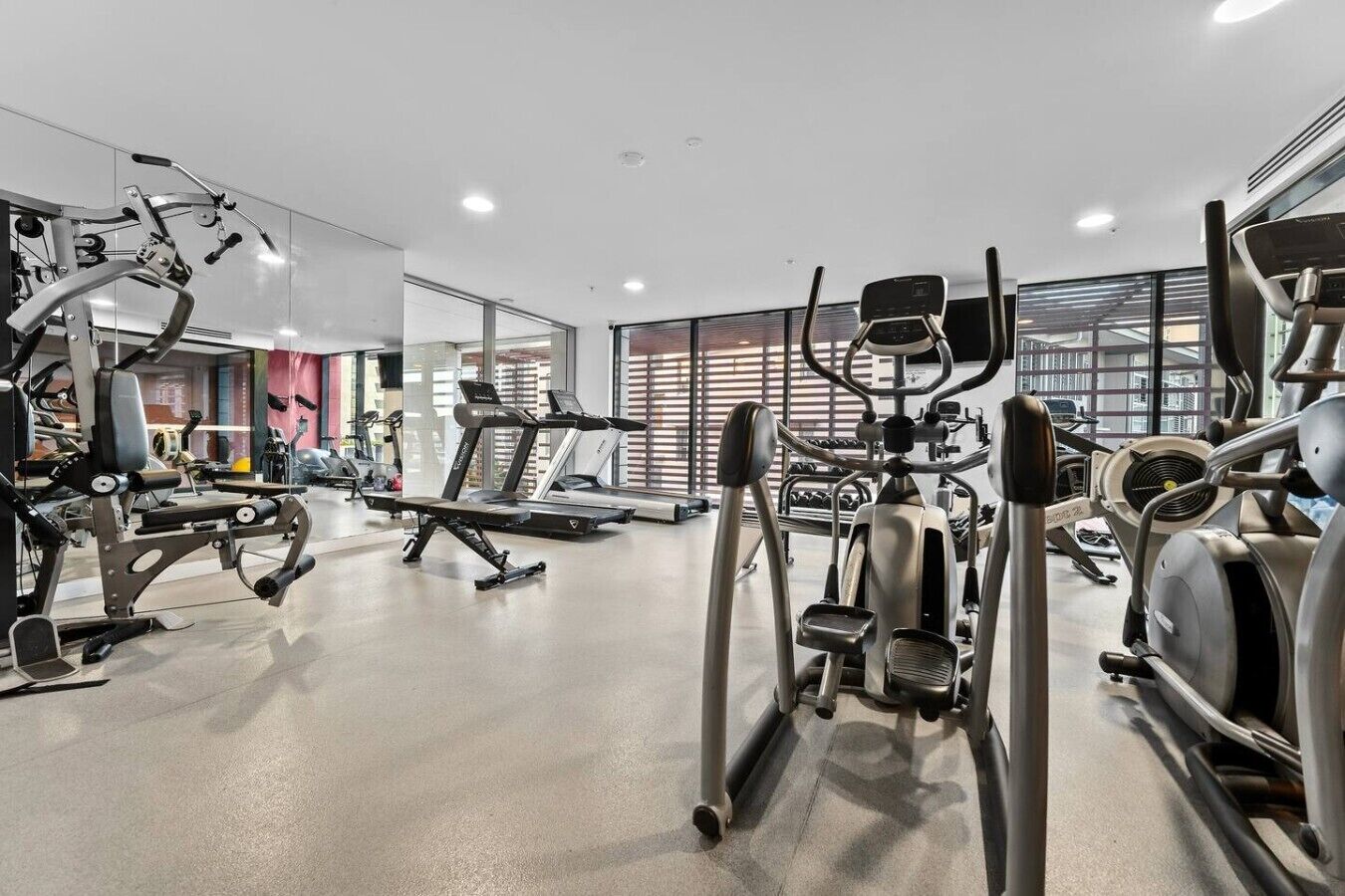 A gym with various exercise machines, a treadmill, and a mirrored wall.