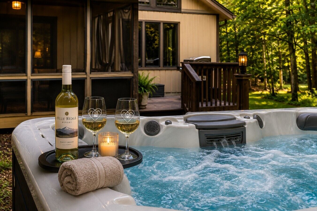 A hot tub with a bottle of wine and glasses, a candle, and a towel.