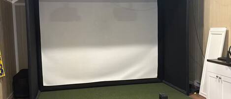 A home theater setup with a large screen, green carpet, and wooden flooring.