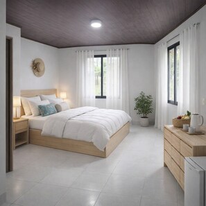 A modern bedroom with a wooden bed, bedside tables, a potted plant, and a kitchen area with a refrigerator.