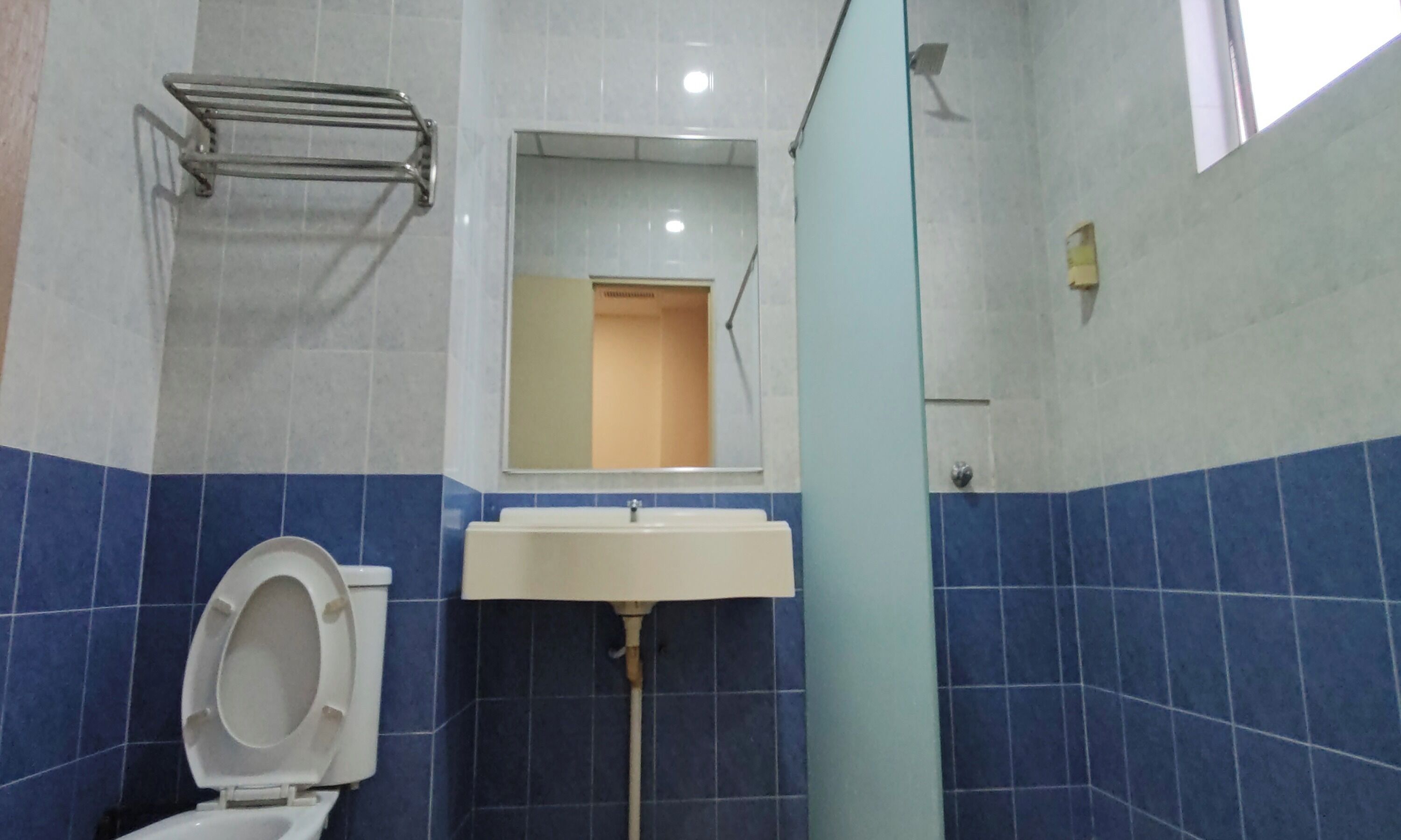 A bathroom with a toilet, sink, and mirror.
