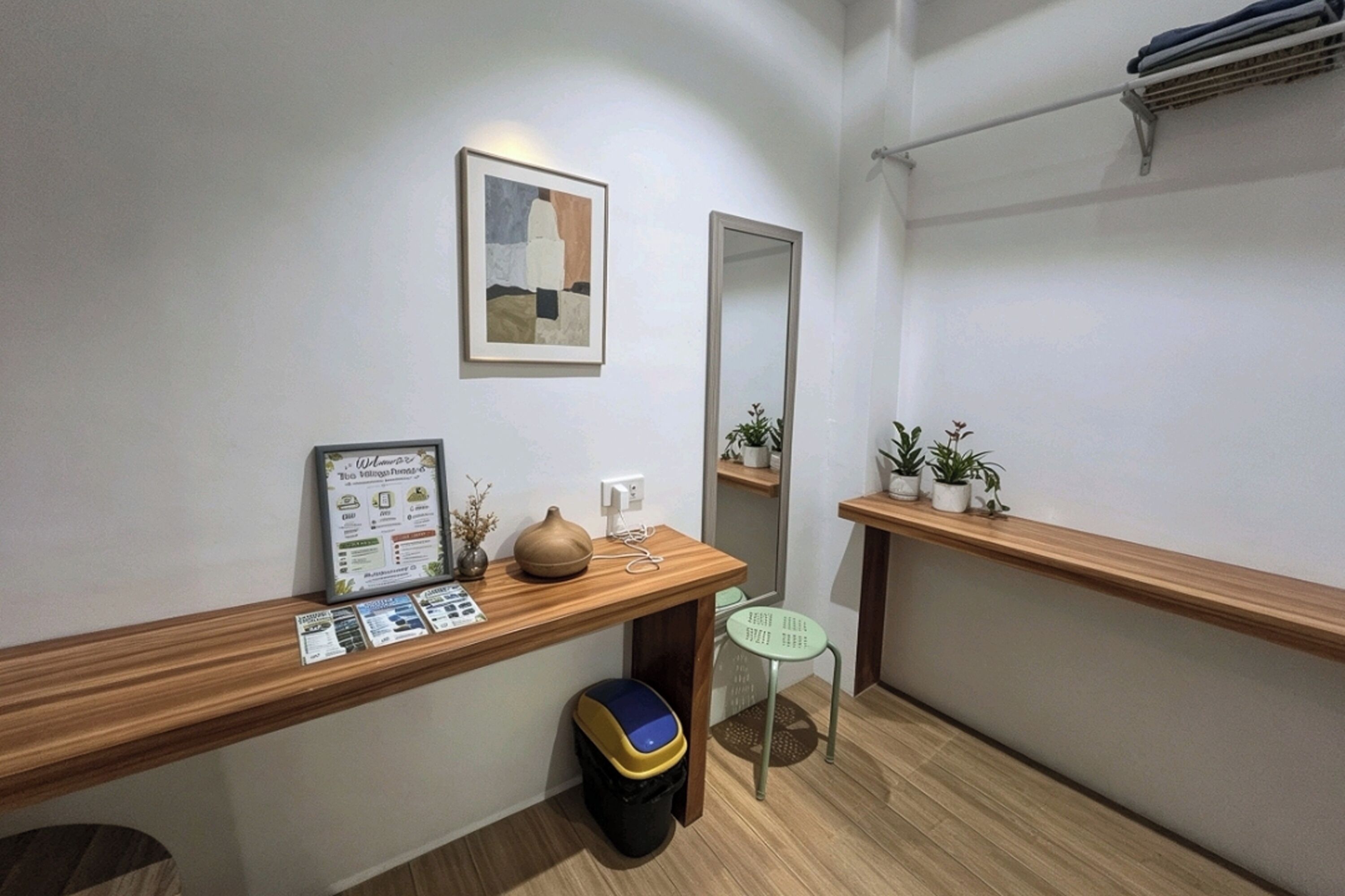 Une chambre d’hôtel avec un bureau en bois, un menu encadré, un miroir, une poubelle et une petite plante en pot.