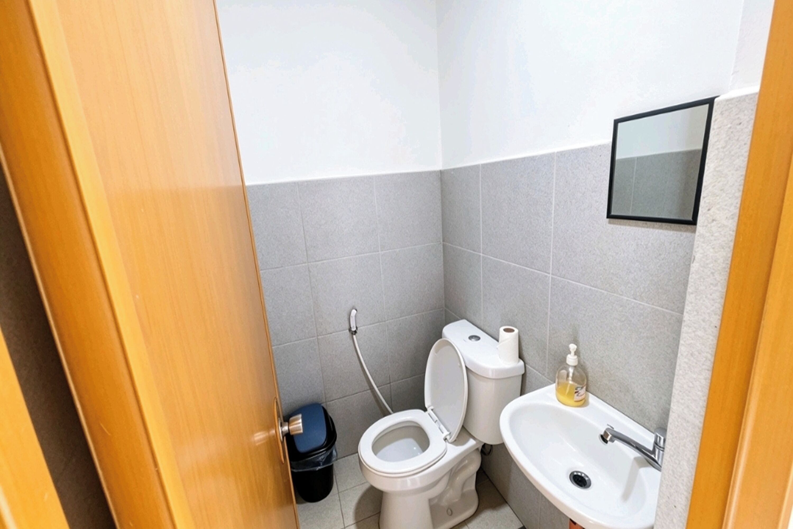 A small bathroom with a toilet, sink, and a mirror on the wall.