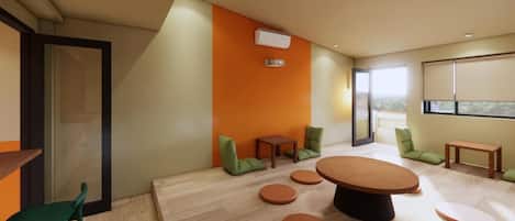 A modern meeting room with a large oval table, green chairs, and a small table with chairs.