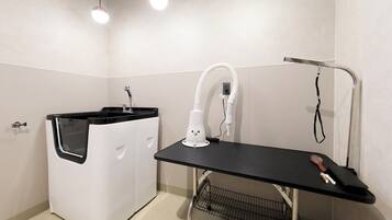 Hair dryer, slippers, towels
