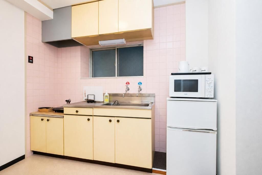 Fridge, microwave, stovetop, electric kettle