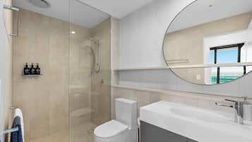 Shower, hair dryer, towels, shampoo