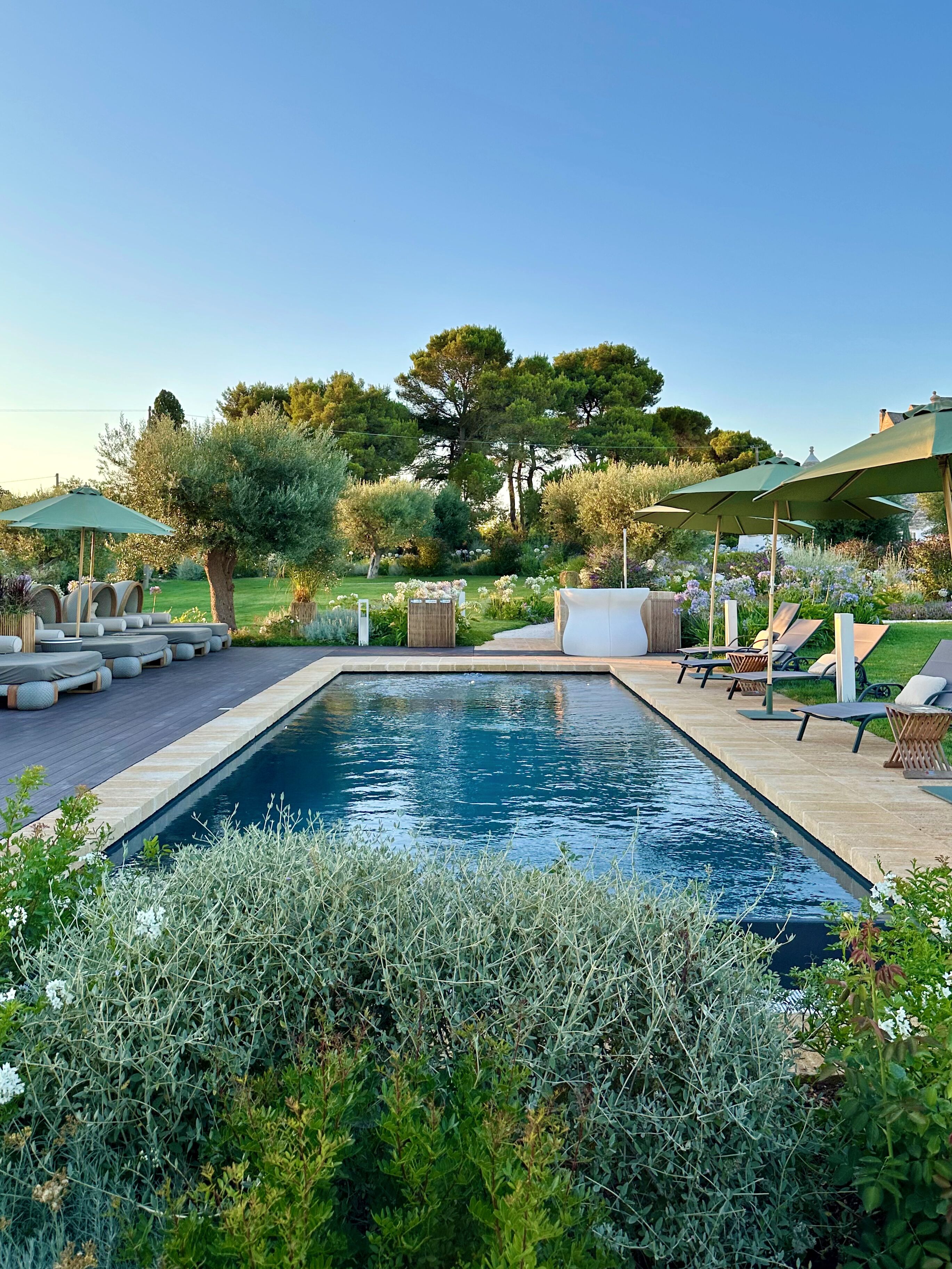 A swimming pool with lounge chairs and umbrellas, surrounded by greenery and trees.