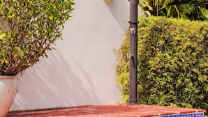Uma piscina com borda azulejada, um vaso de plantas e um chuveiro fixado na parede.