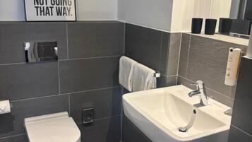 Shower, free toiletries, hair dryer, towels