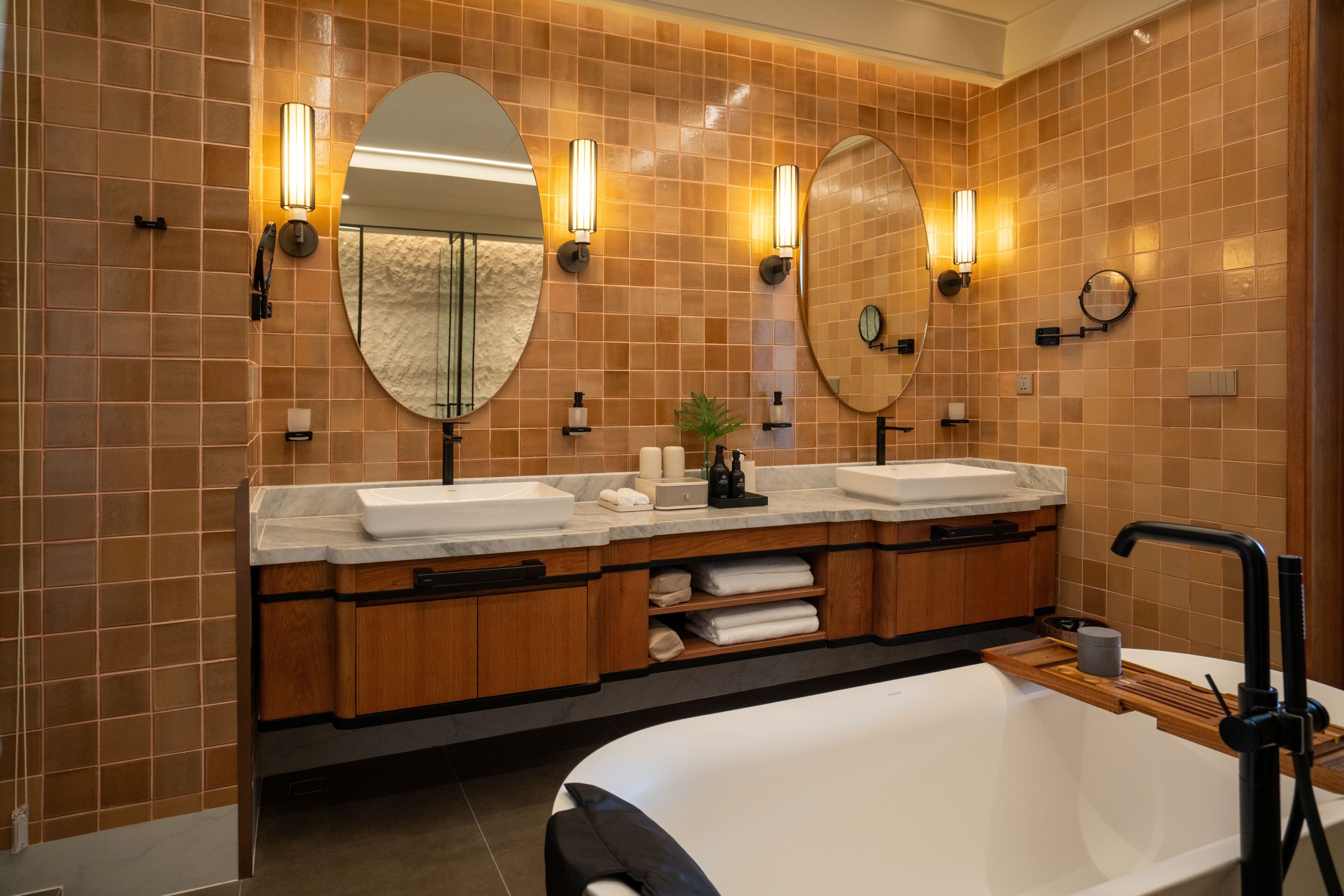 Hair dryer, slippers, towels, soap