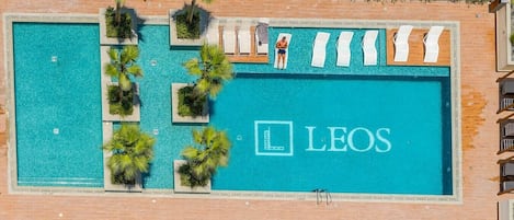 Une piscine ornée du logo « LEOS », entourée de palmiers et de chaises longues.