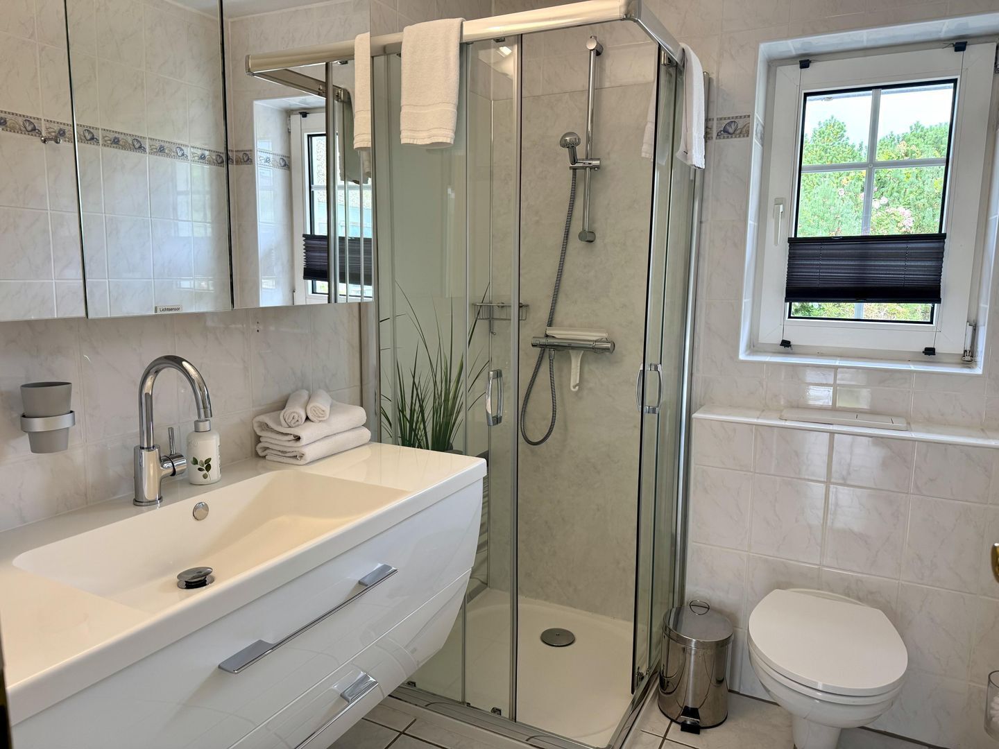 Et moderne badeværelse med en glasafskærmet brusebad, en hvid vask med enkelt greb og et toilet.
