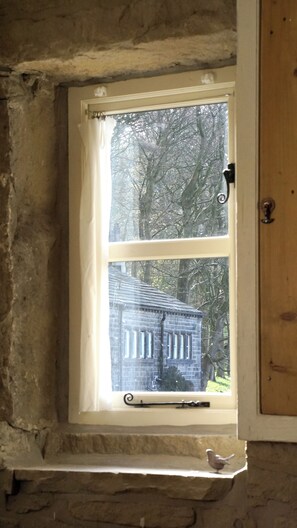 Ein Fenster mit Blick auf ein Backsteingebäude und Bäume.