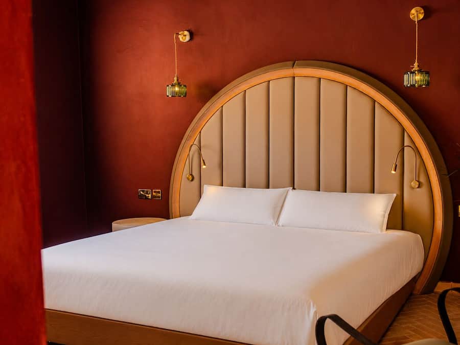 A bed with a wooden headboard, two bedside lamps, and a nightstand with a plant.