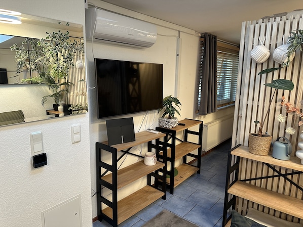 A modern living room with a flat-screen TV, wooden furniture, a potted plant, and a radiator.
