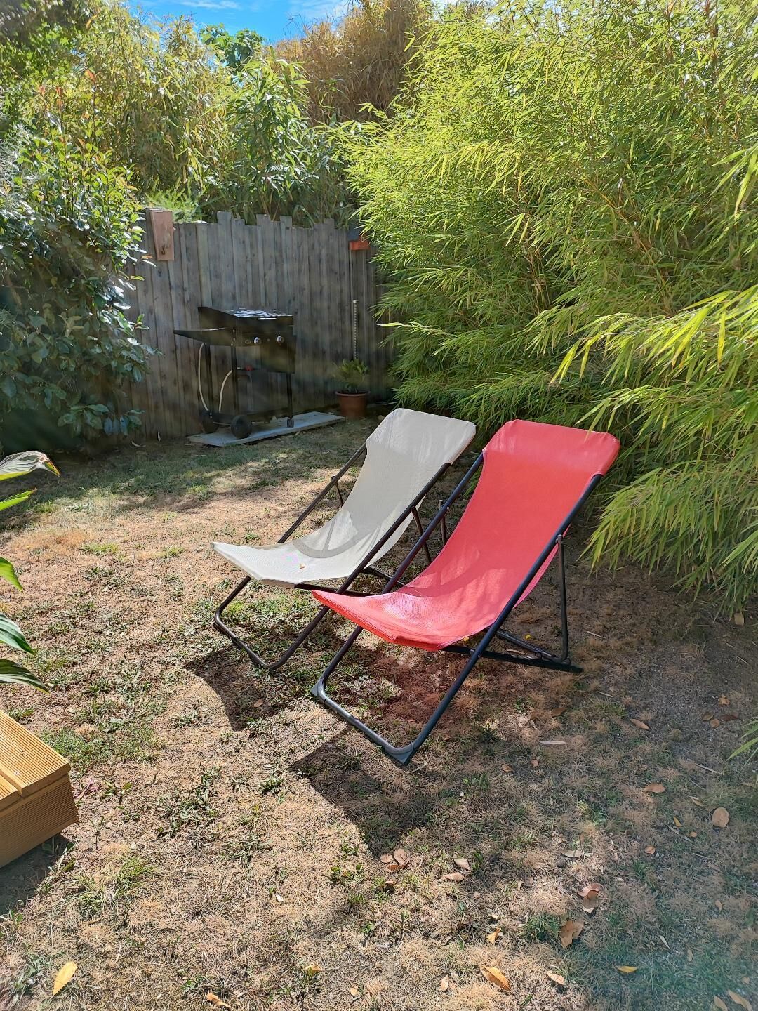 A garden with two chairs, a wooden fence, and a variety of plants.