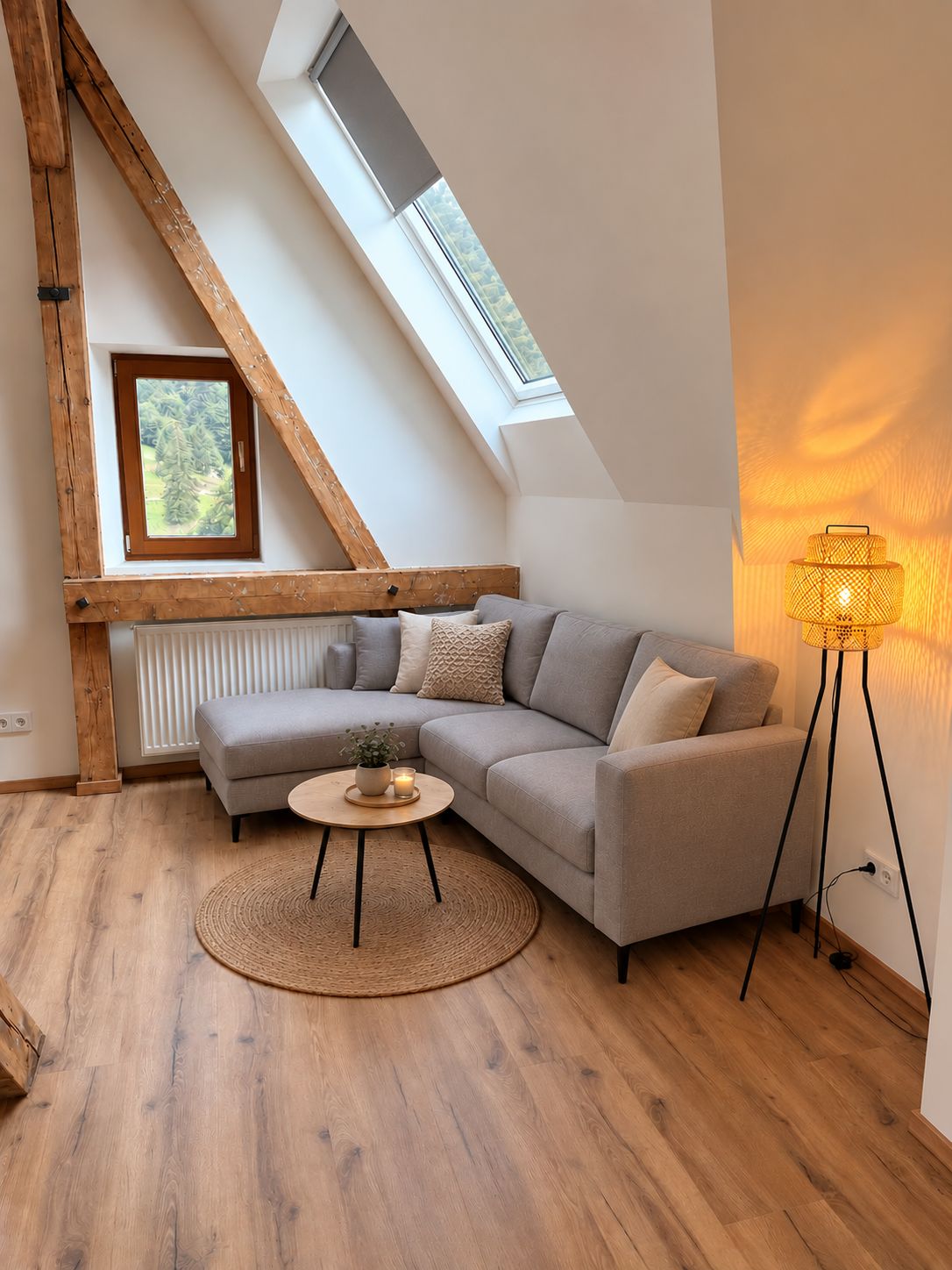 Une pièce de style « loft » avec un plafond en pente, un canapé d’angle gris, une table basse ronde en bois, un lampadaire et une vue par la fenêtre.