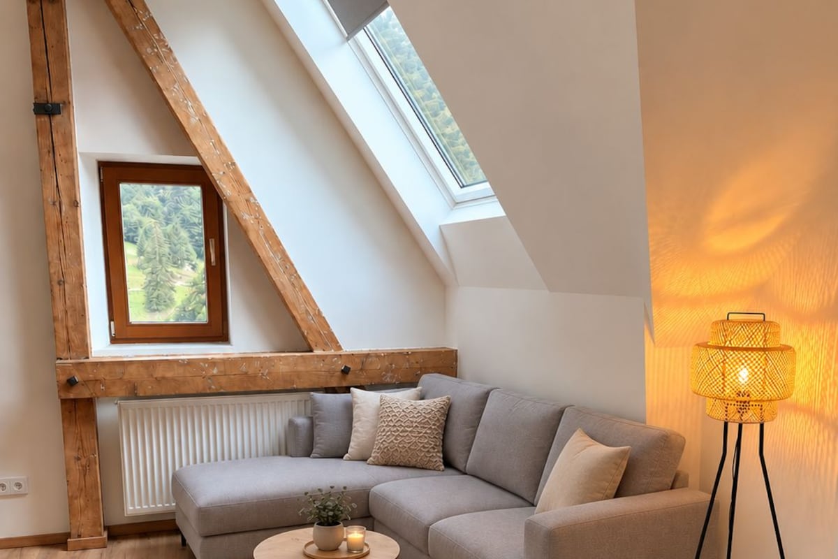 Habitación estilo loft con techo inclinado, un sofá modular gris, una mesa de centro redonda de madera, una lámpara de pie y vistas por una ventana.