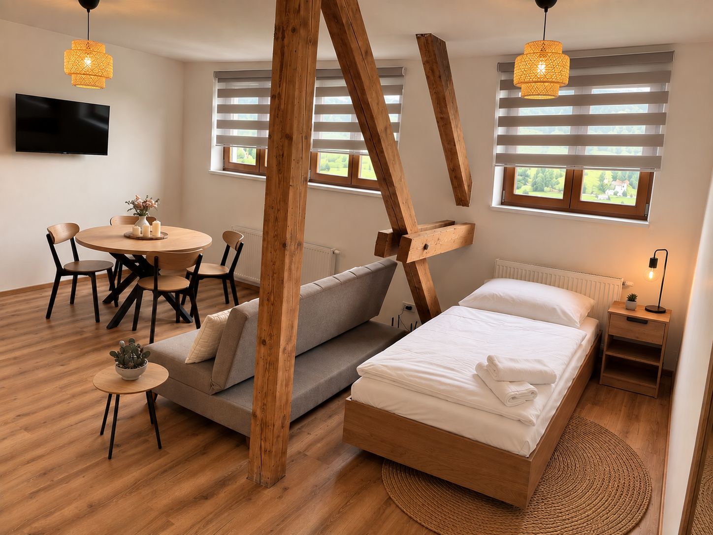 Una camera da letto moderna con un letto in legno, una poltrona, un tavolo da pranzo con sedie e un televisore montato a parete.