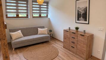 A modern living room with a grey sofa, a wooden cabinet, a woven rug, and a framed picture on the wall.