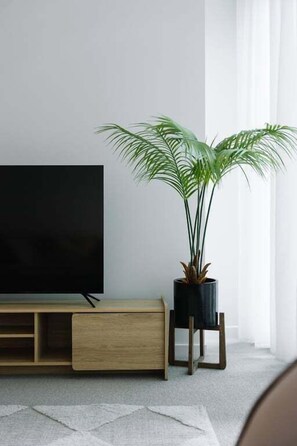 A modern living room with a flat-screen TV on a wooden stand, a potted plant, and a light-colored rug. - NEW! City Centre One-Bedroom Apartment; Sleeps 4 (Brisbane)