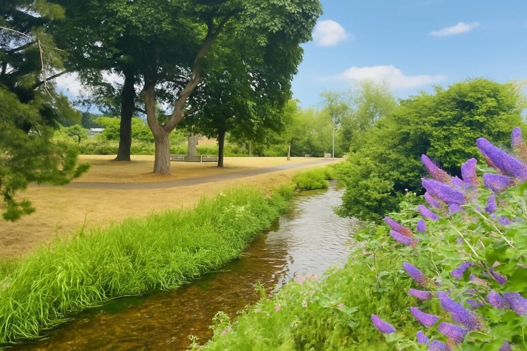 A park with a small stream, trees, and grass.