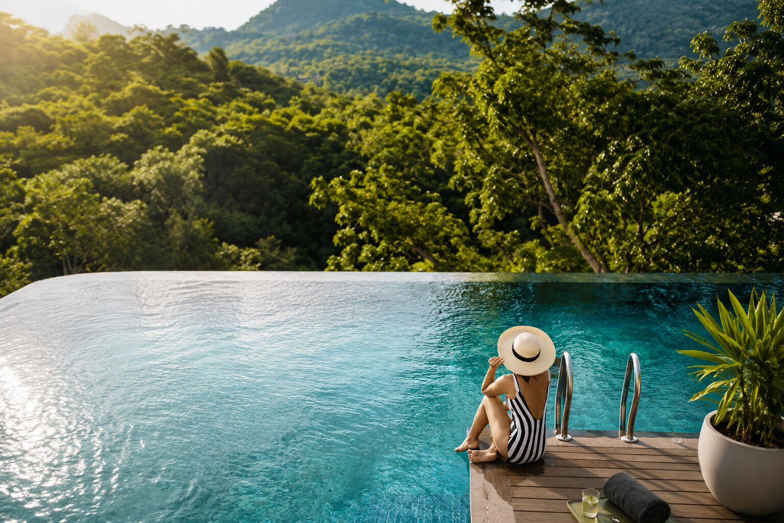 Une personne assise au bord d’une piscine, avec vue sur un paysage boisé.