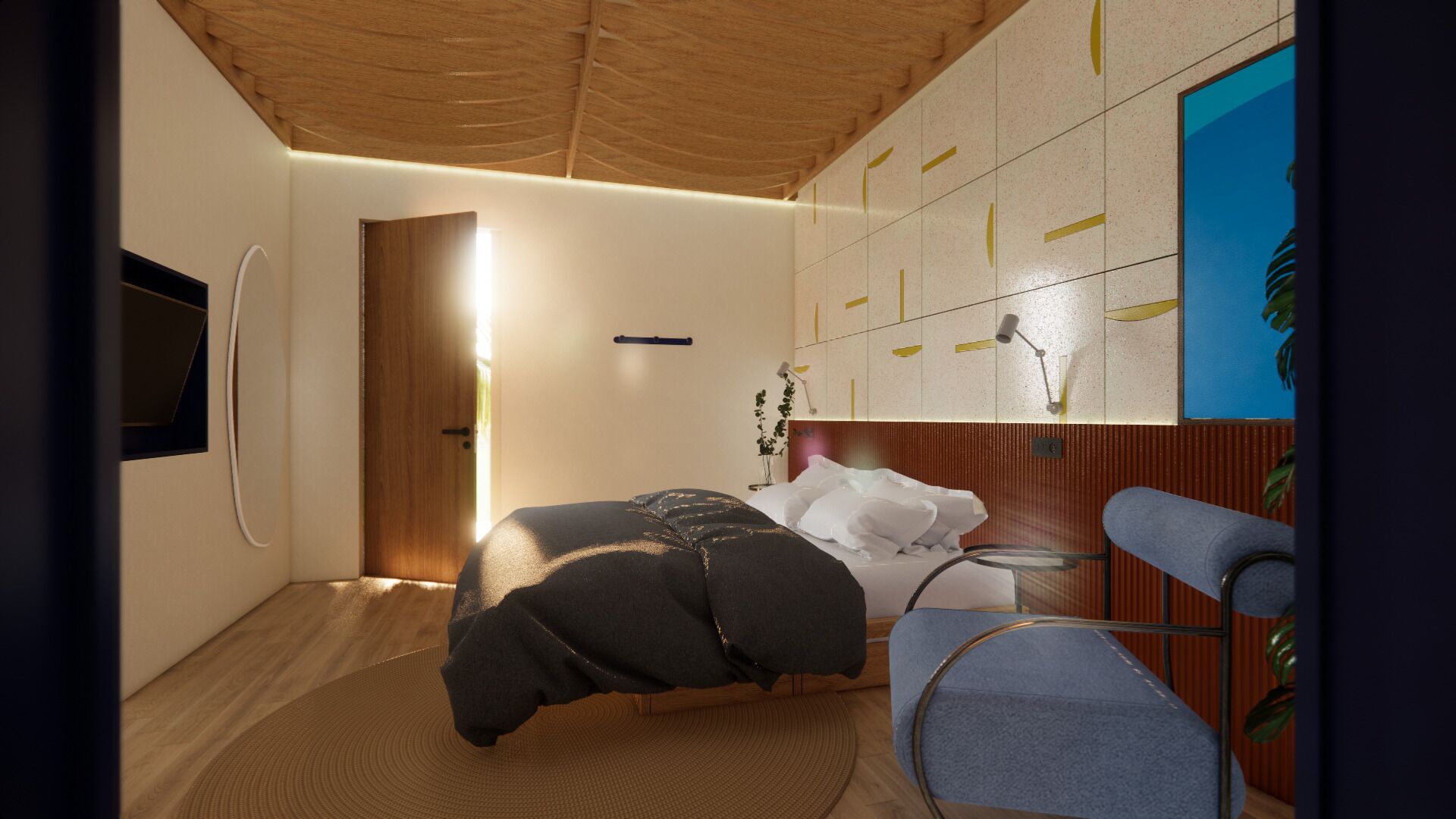 Un dormitorio moderno con cama, mesita de noche y televisor en la pared.