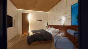 A modern bedroom with a bed, bedside table, and a wall-mounted TV. - Hatha House (Tabanan)