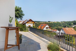A balcony with a potted cactus, a wooden table, and a stone pathway leading to houses with red-tiled roofs.