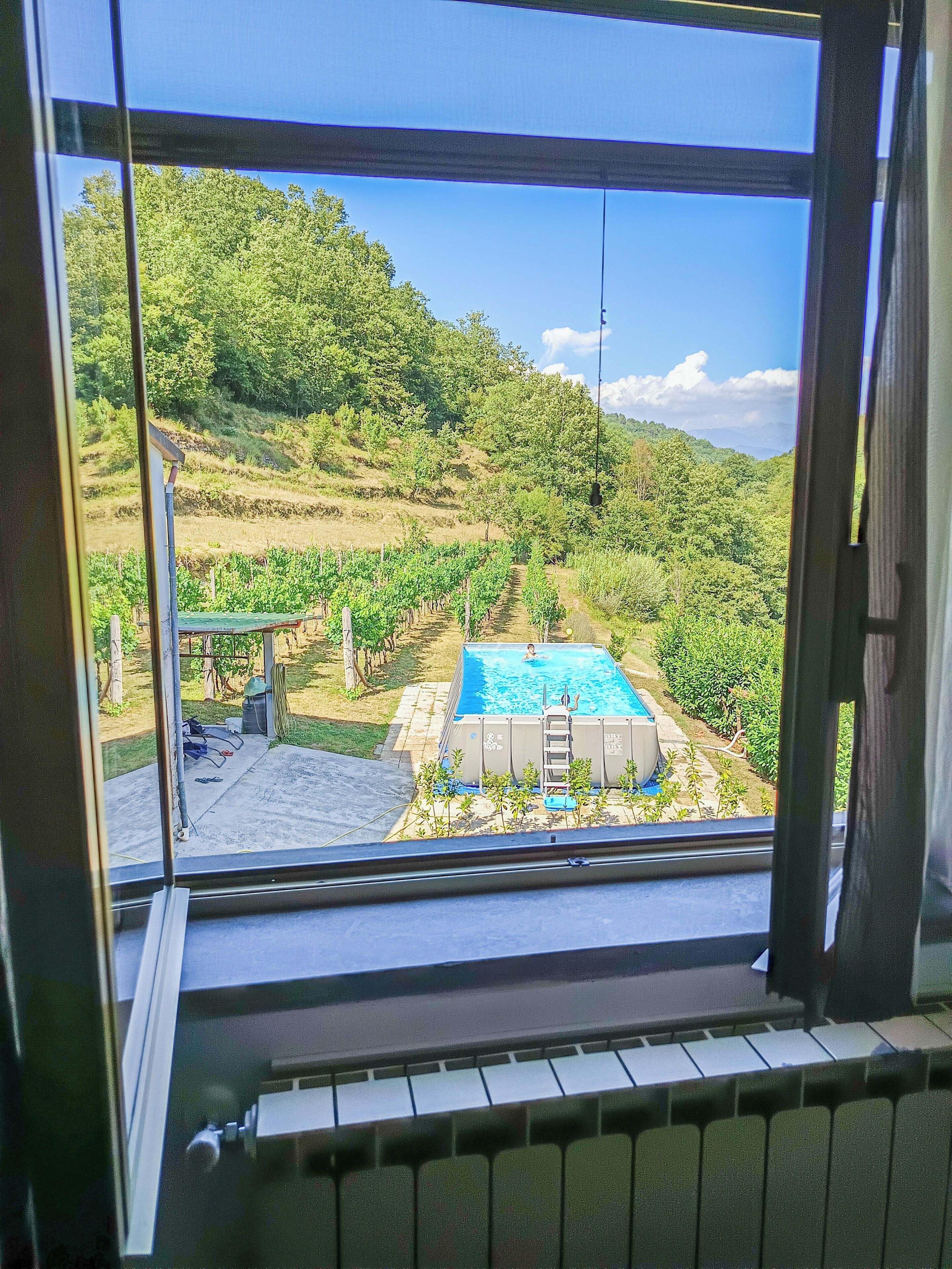 A view from a window overlooking a swimming pool, a garden, and a hilly landscape.